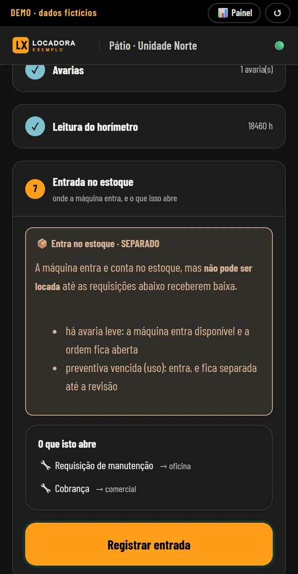 App do pátio no celular: a máquina só entra no estoque com as fotos e a decisão