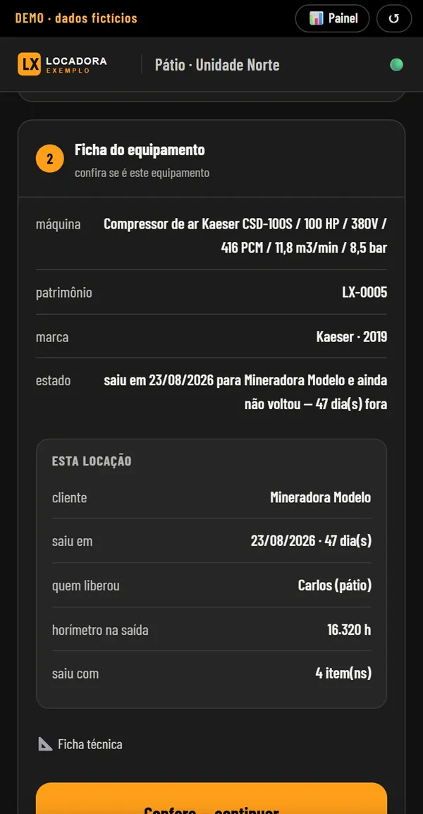 Ficha do equipamento preenchida pela leitura do QR: máquina, patrimônio, cliente e horímetro da saída