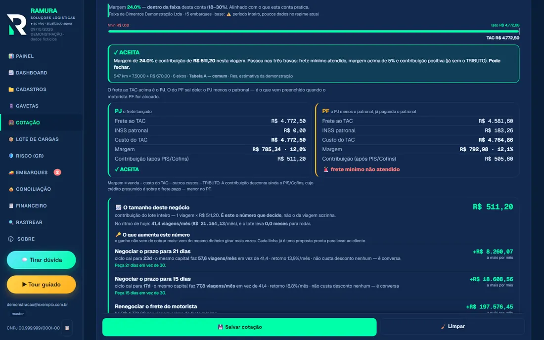Cotação com veredito: frete mínimo, encargo e margem conferidos antes de responder ao cliente